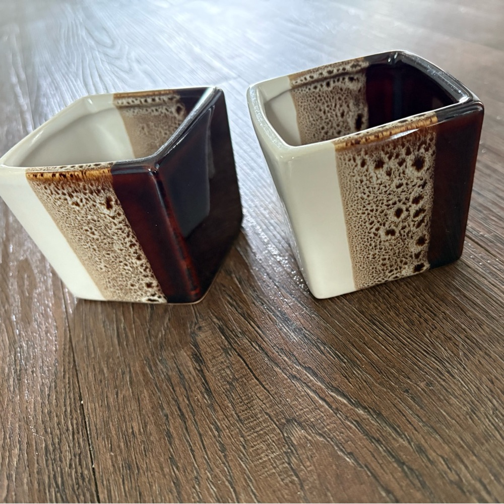 Set of 2 Pier 1 One Demitassi Coffee Espresso Tea Cup Tricolor Square Mug Set